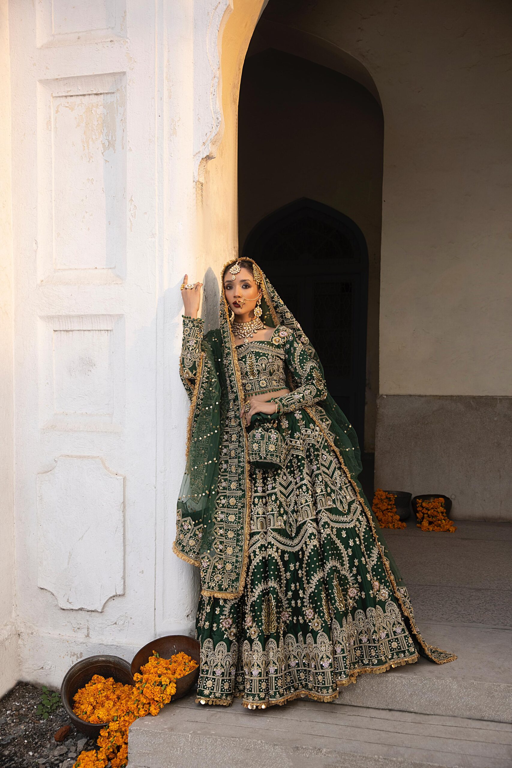 Pakistani Bottle Green Embroidered Silk Bridal Choli Lehenga (3-Piece) - Image 4