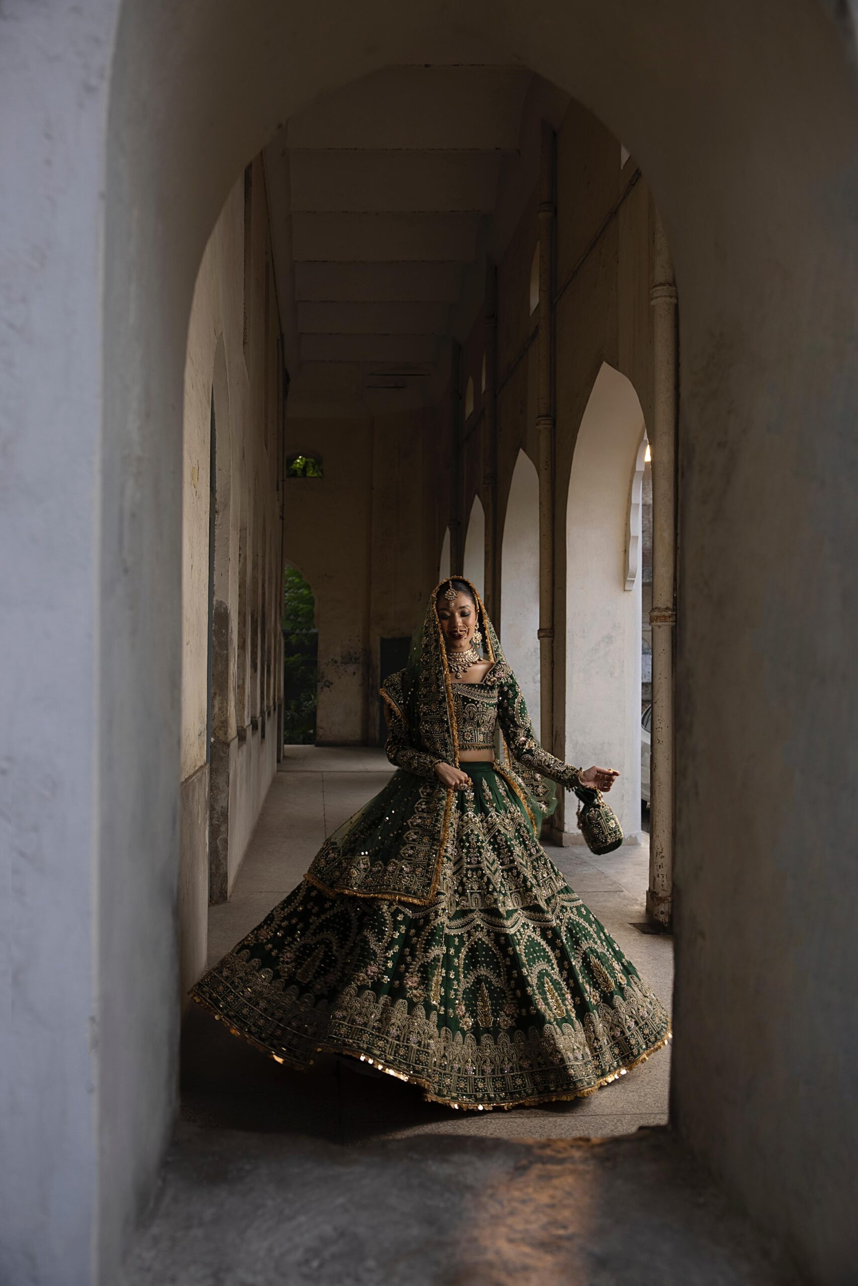 Pakistani Bottle Green Embroidered Silk Bridal Choli Lehenga (3-Piece) - Image 6