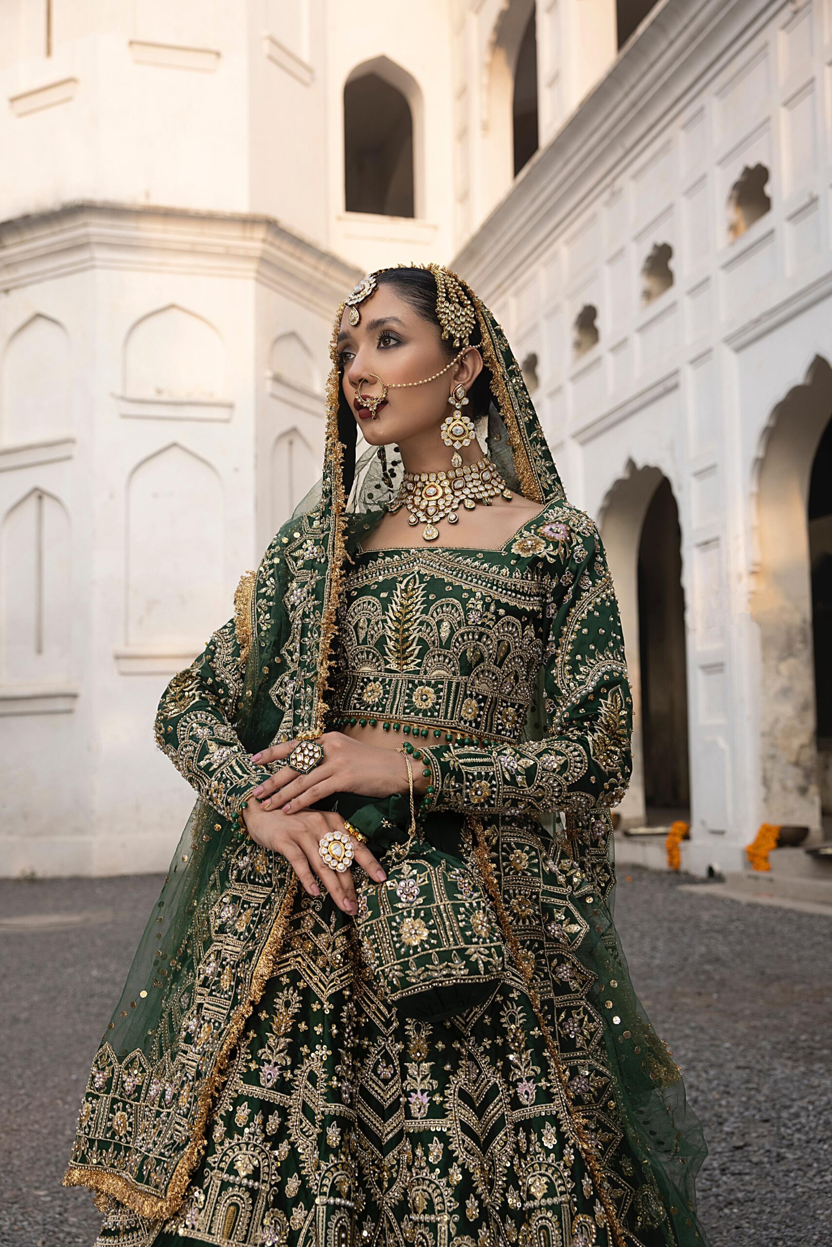 Pakistani Bottle Green Embroidered Silk Bridal Choli Lehenga (3-Piece) - Image 7