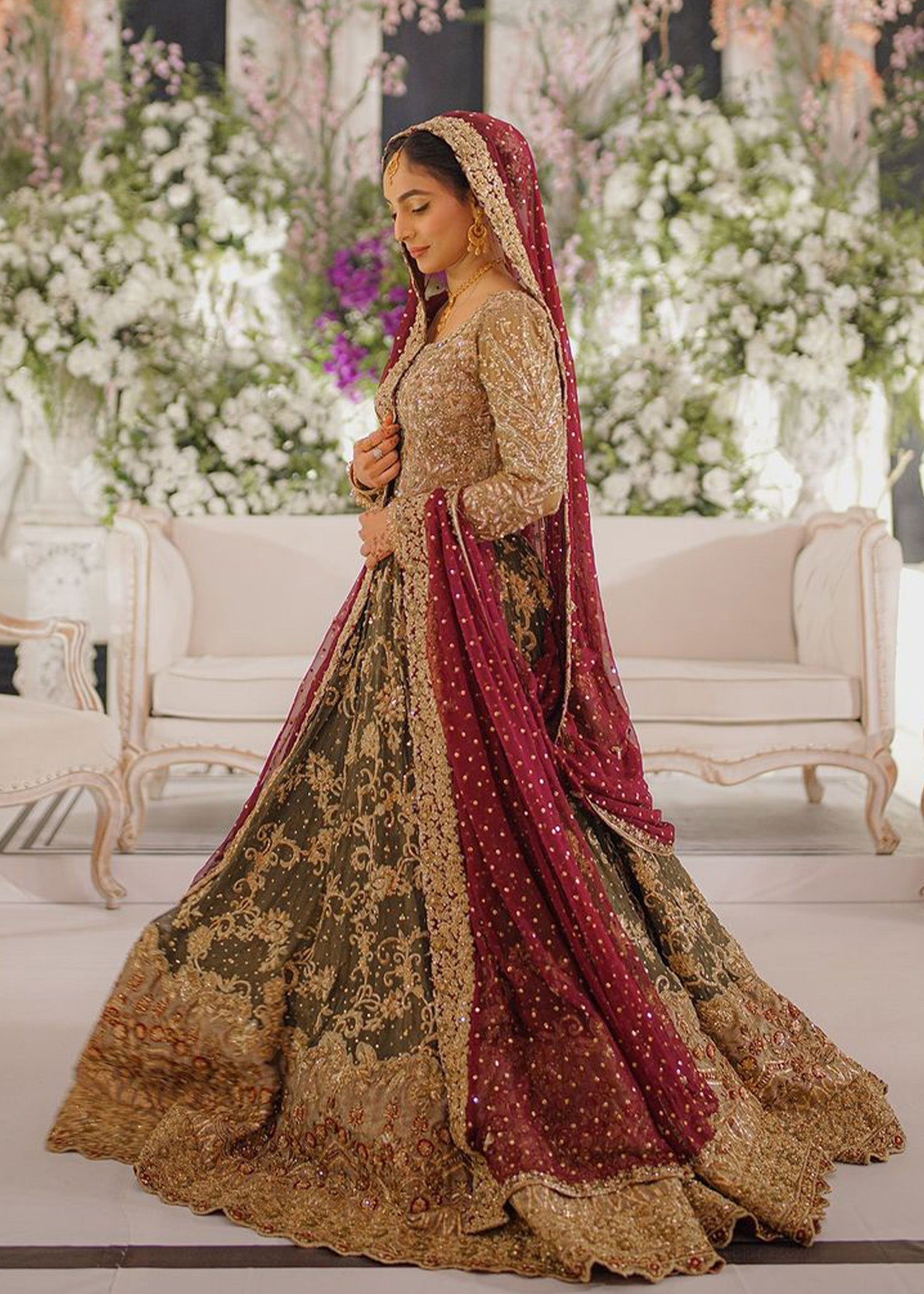 Pakistani Olive and Maroon Embellished Net Silk Bridal Lehenga (3-Piece) - Image 1