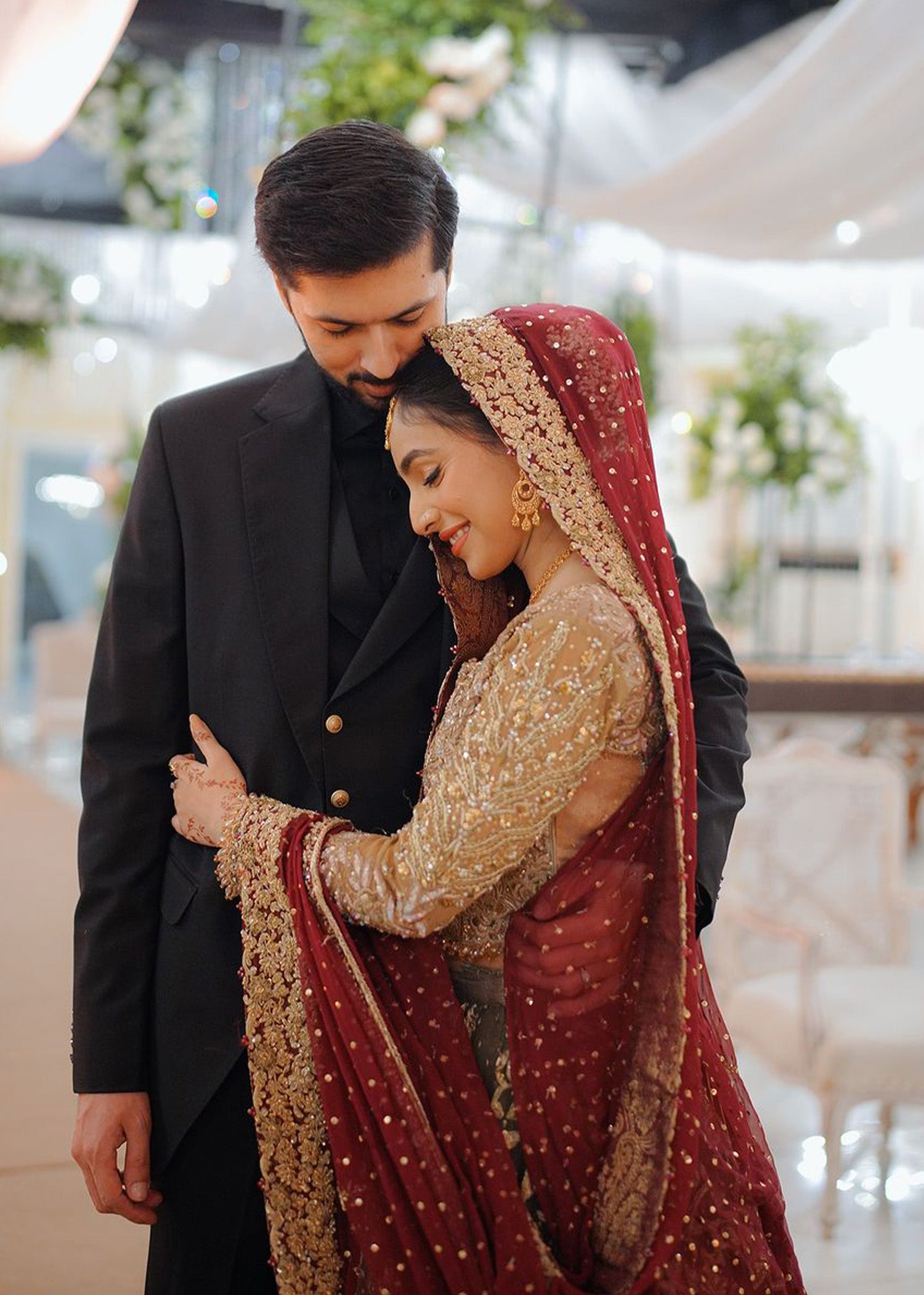 Pakistani Olive and Maroon Embellished Net Silk Bridal Lehenga (3-Piece) - Image 2