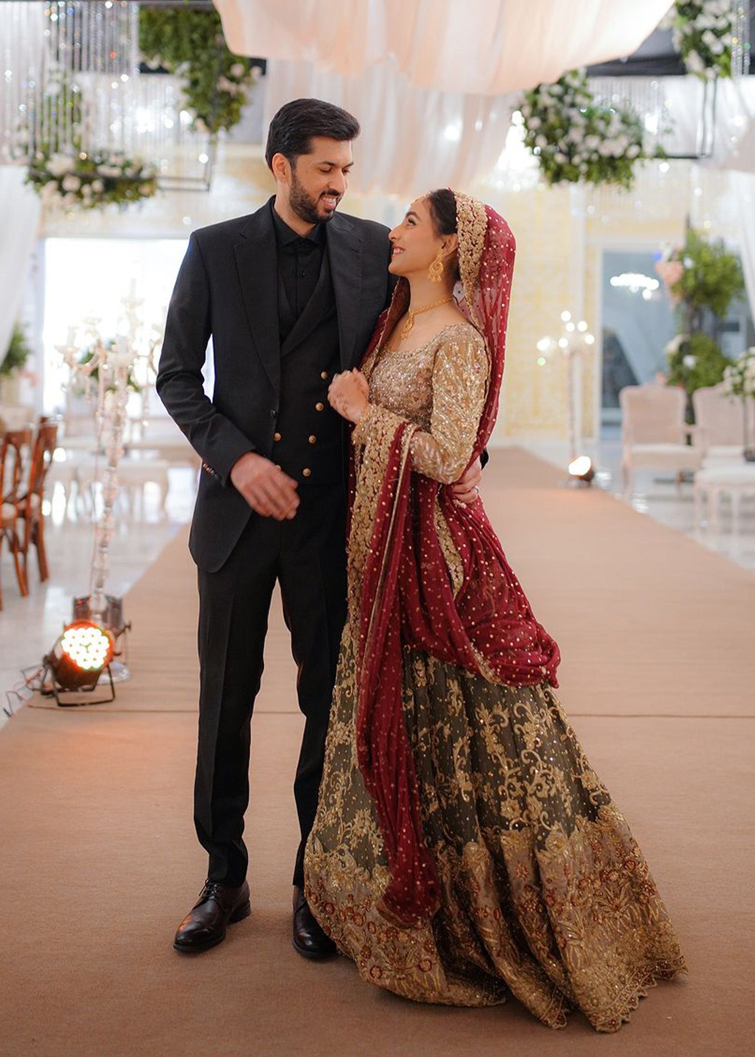 Pakistani Olive and Maroon Embellished Net Silk Bridal Lehenga (3-Piece) - Image 3