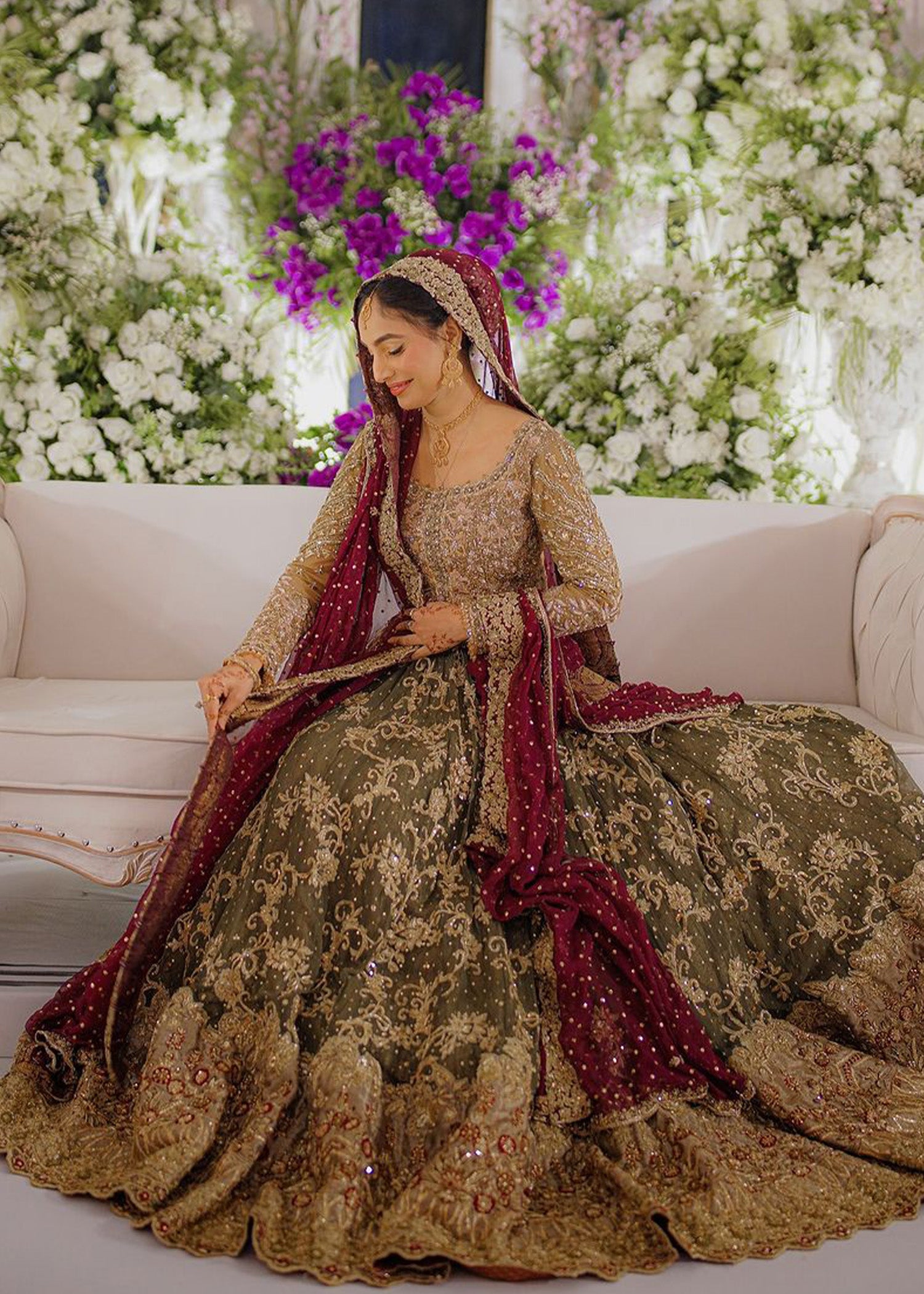 Pakistani Olive and Maroon Embellished Net Silk Bridal Lehenga (3-Piece) - Image 4