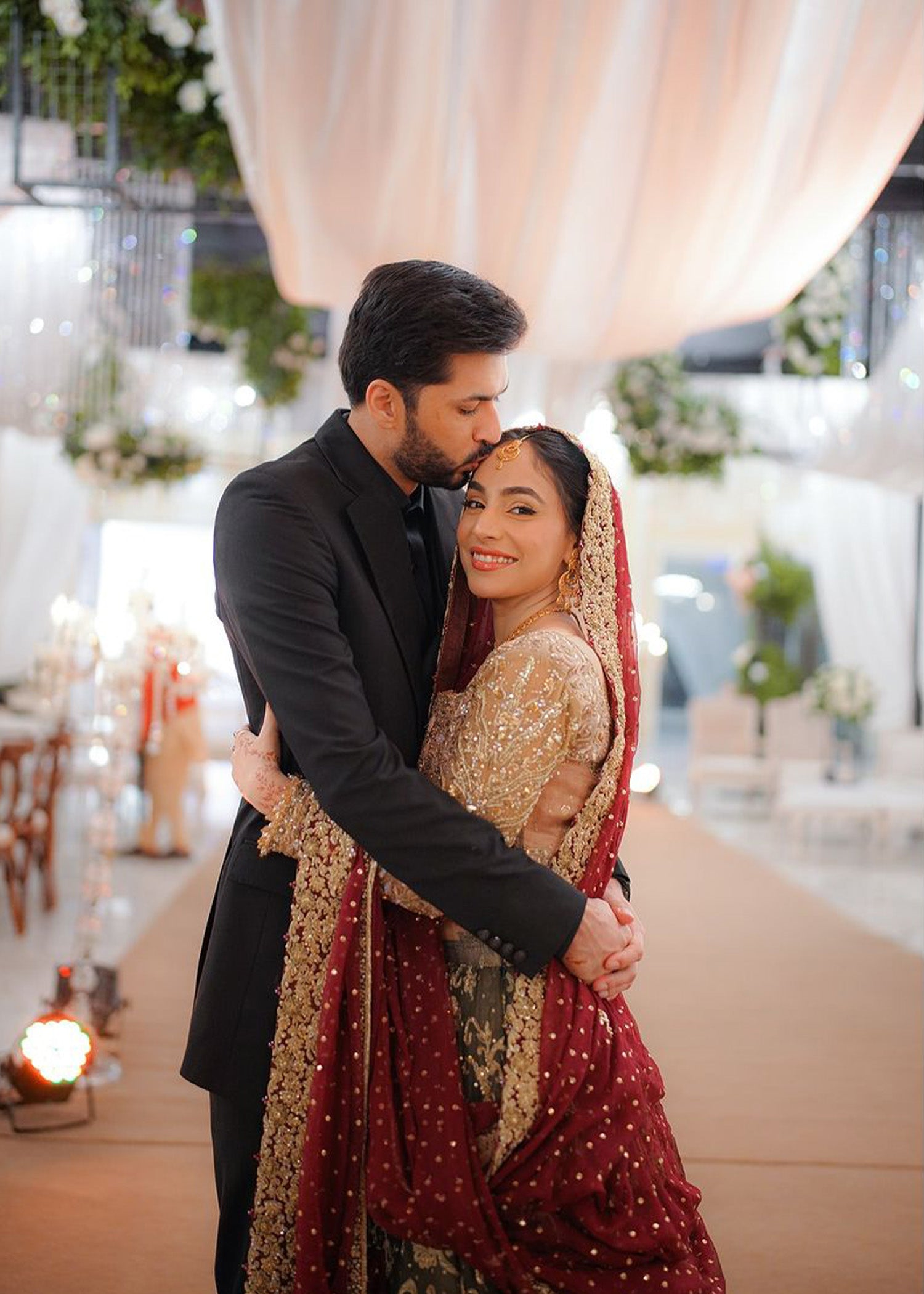 Pakistani Olive and Maroon Embellished Net Silk Bridal Lehenga (3-Piece) - Image 5