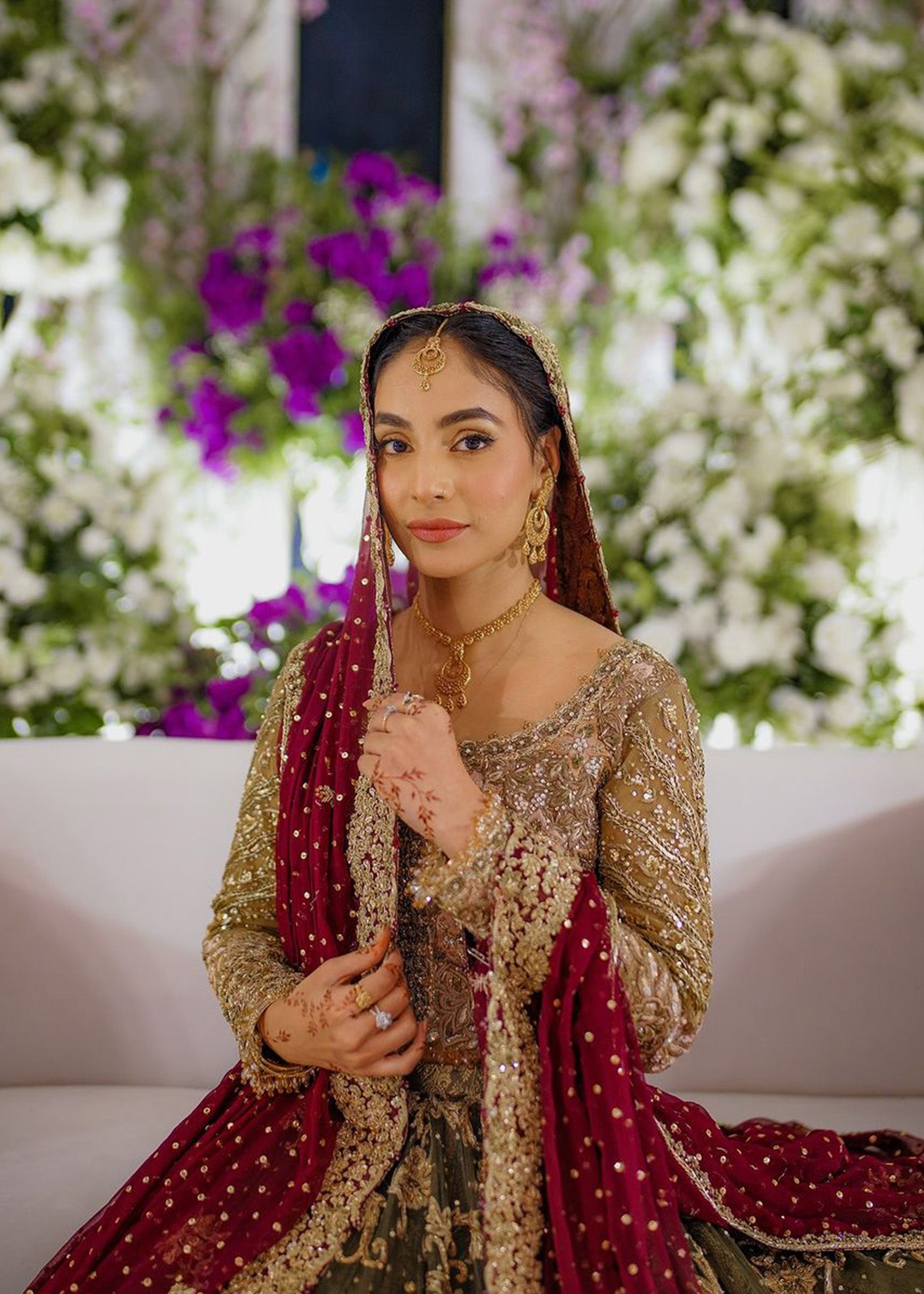 Pakistani Olive and Maroon Embellished Net Silk Bridal Lehenga (3-Piece) - Image 6