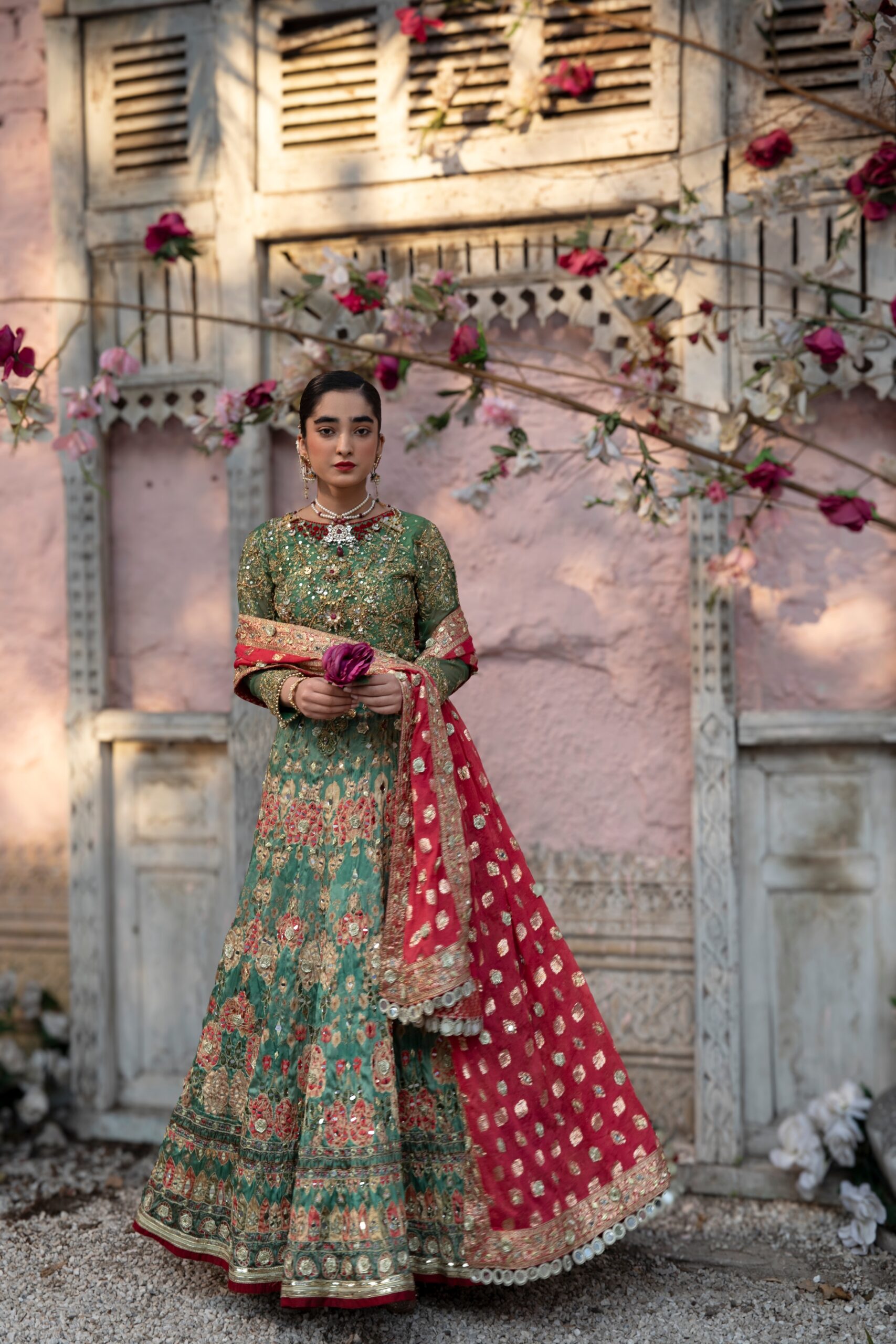 Green and Red Embroidered Net Silk Bridal Lehenga (3-Piece) - Image 1