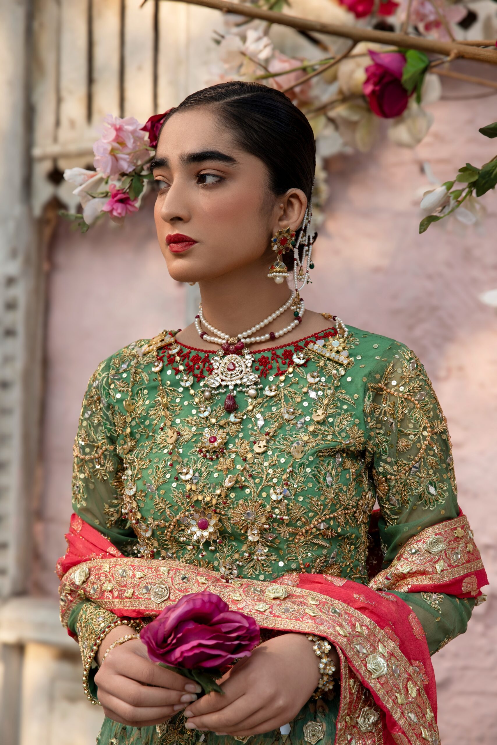 Green and Red Embroidered Net Silk Bridal Lehenga (3-Piece) - Image 2