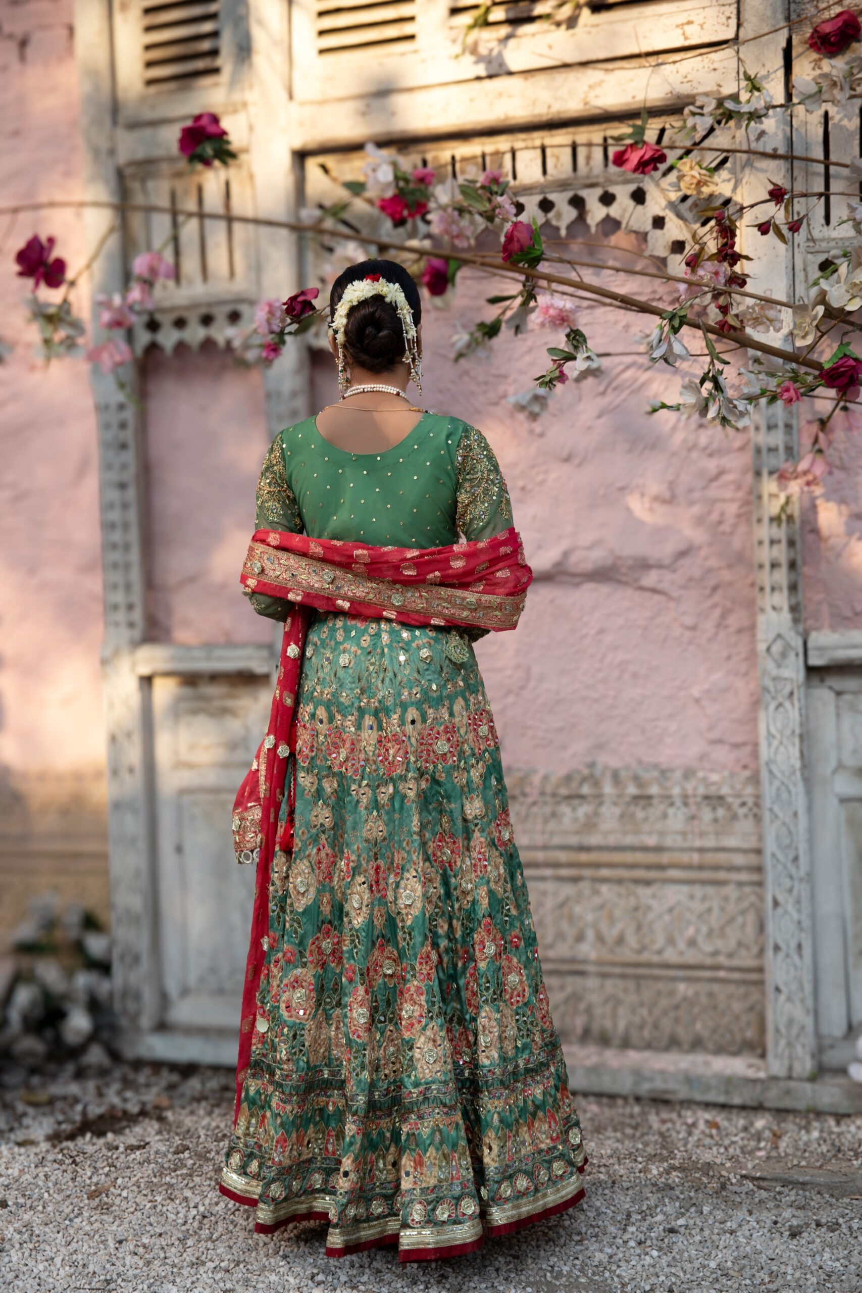 Green and Red Embroidered Net Silk Bridal Lehenga (3-Piece) - Image 3