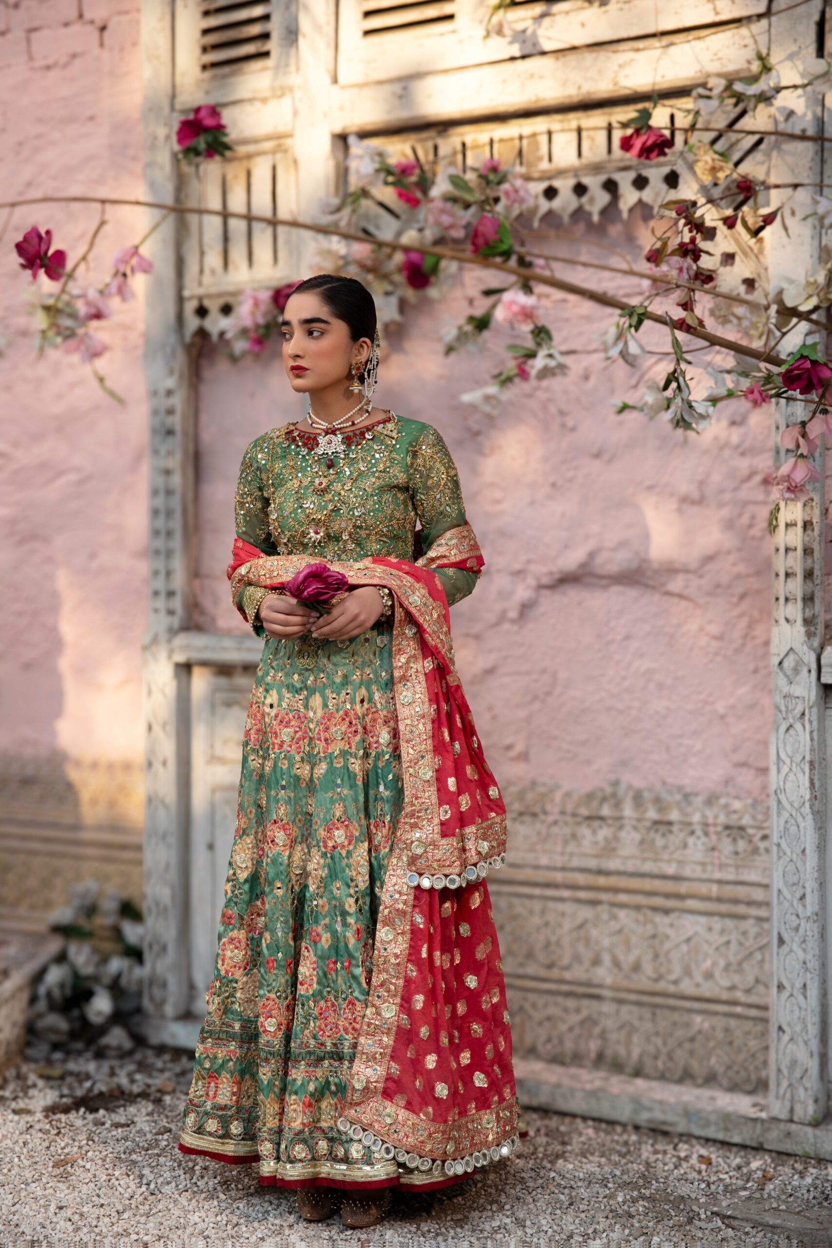 Green and Red Embroidered Net Silk Bridal Lehenga (3-Piece) - Image 4
