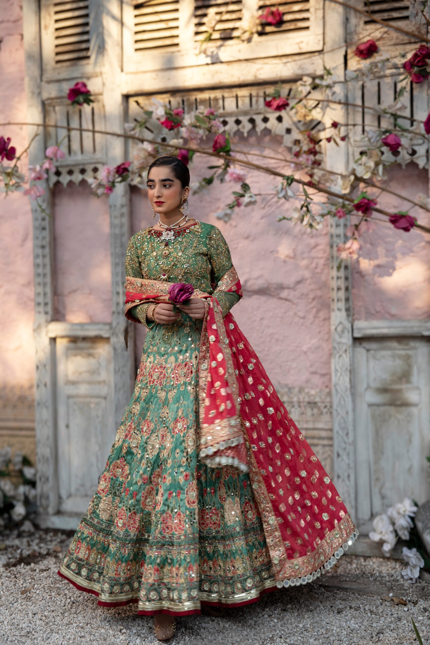 Green and Red Embroidered Net Silk Bridal Lehenga (3-Piece) - Image 5