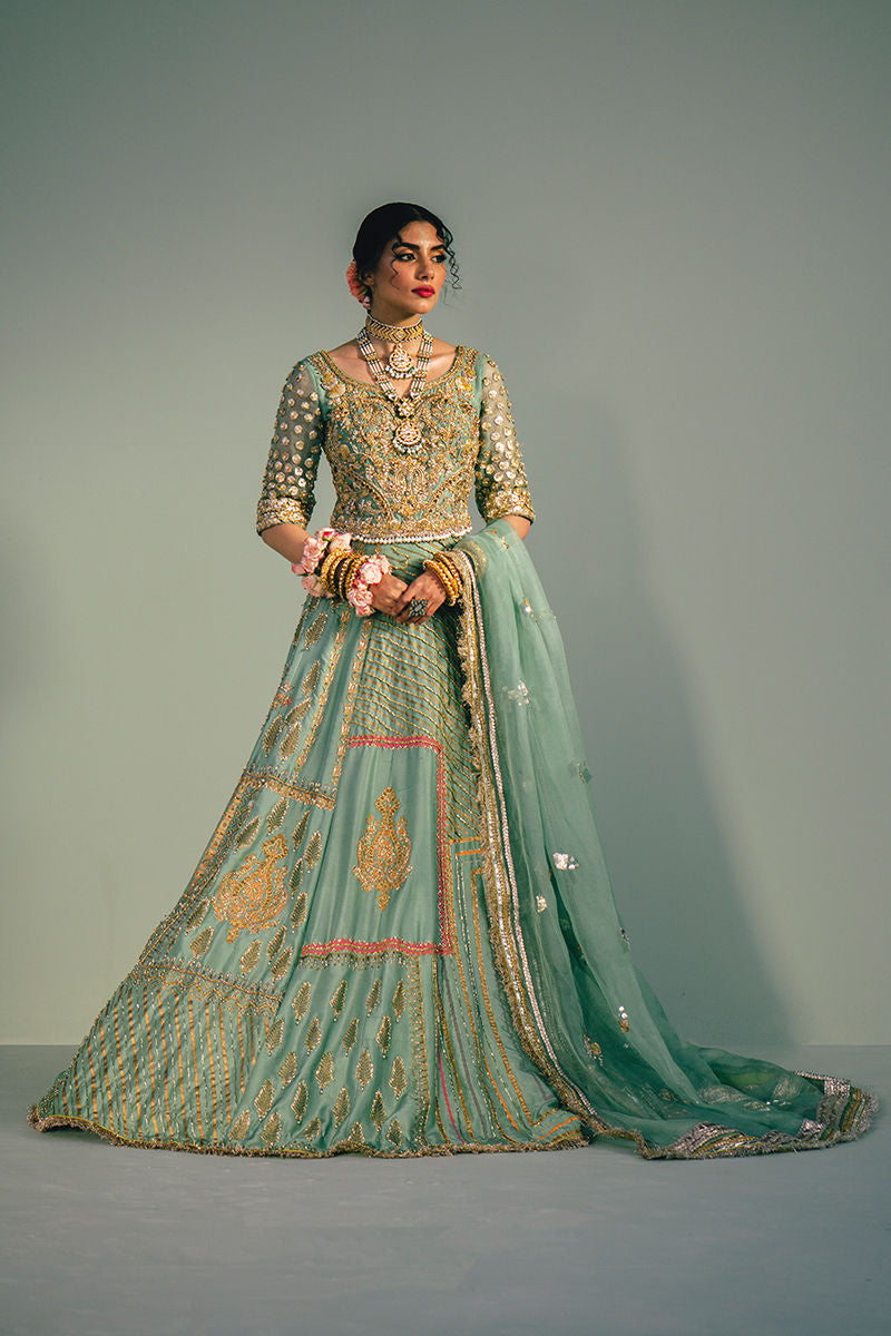 Pakistani Sea Green Block Printed Silk Lehenga (3-Piece) - Image 1