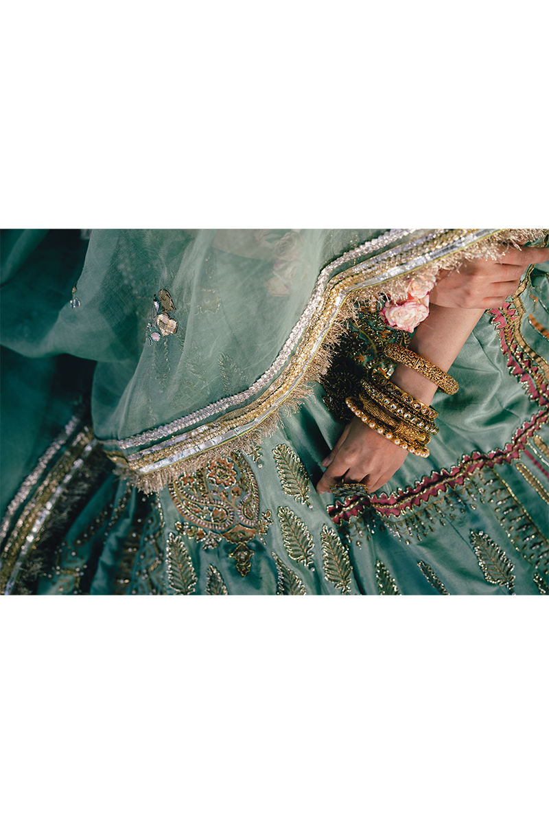 Pakistani Sea Green Block Printed Silk Lehenga (3-Piece) - Image 10