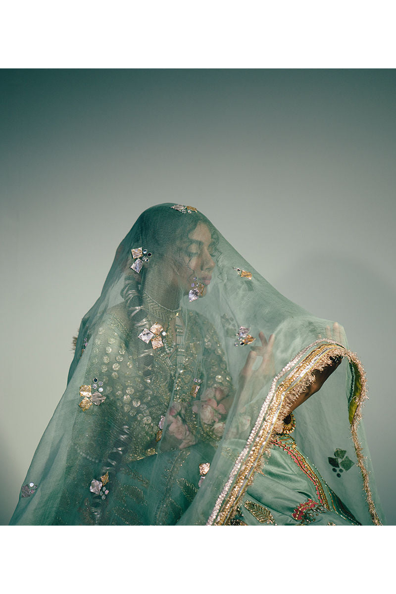 Pakistani Sea Green Block Printed Silk Lehenga (3-Piece) - Image 12