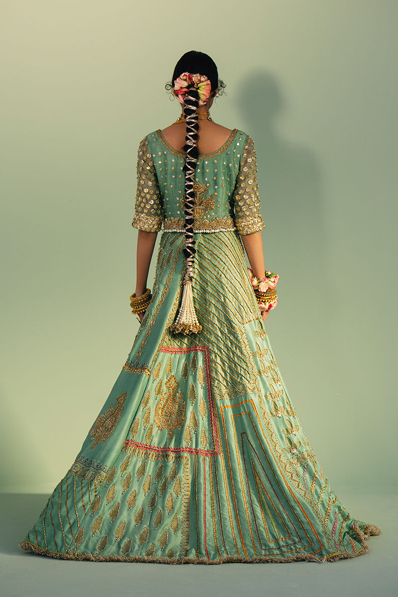 Pakistani Sea Green Block Printed Silk Lehenga (3-Piece) - Image 13