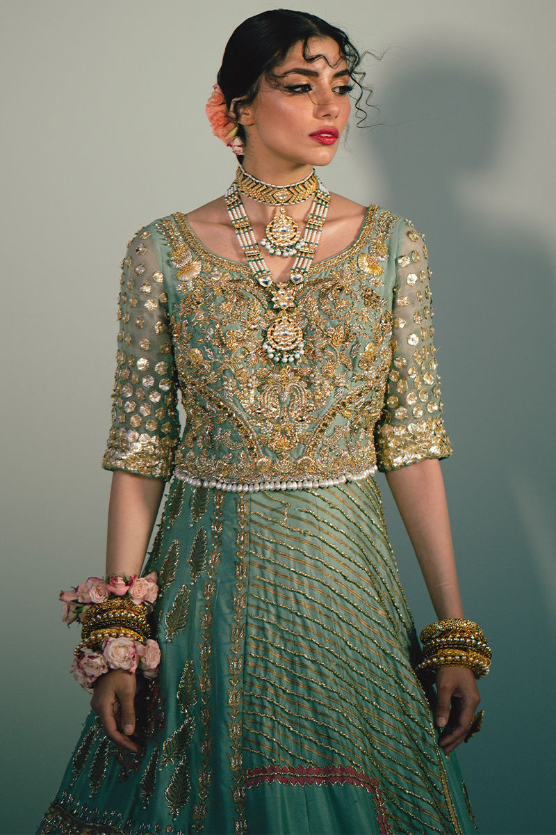 Pakistani Sea Green Block Printed Silk Lehenga (3-Piece) - Image 2