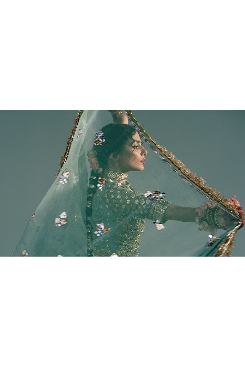 Pakistani Sea Green Block Printed Silk Lehenga (3-Piece) - Image 3