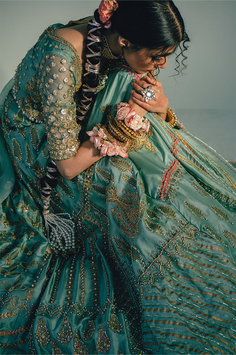 Pakistani Sea Green Block Printed Silk Lehenga (3-Piece) - Image 5