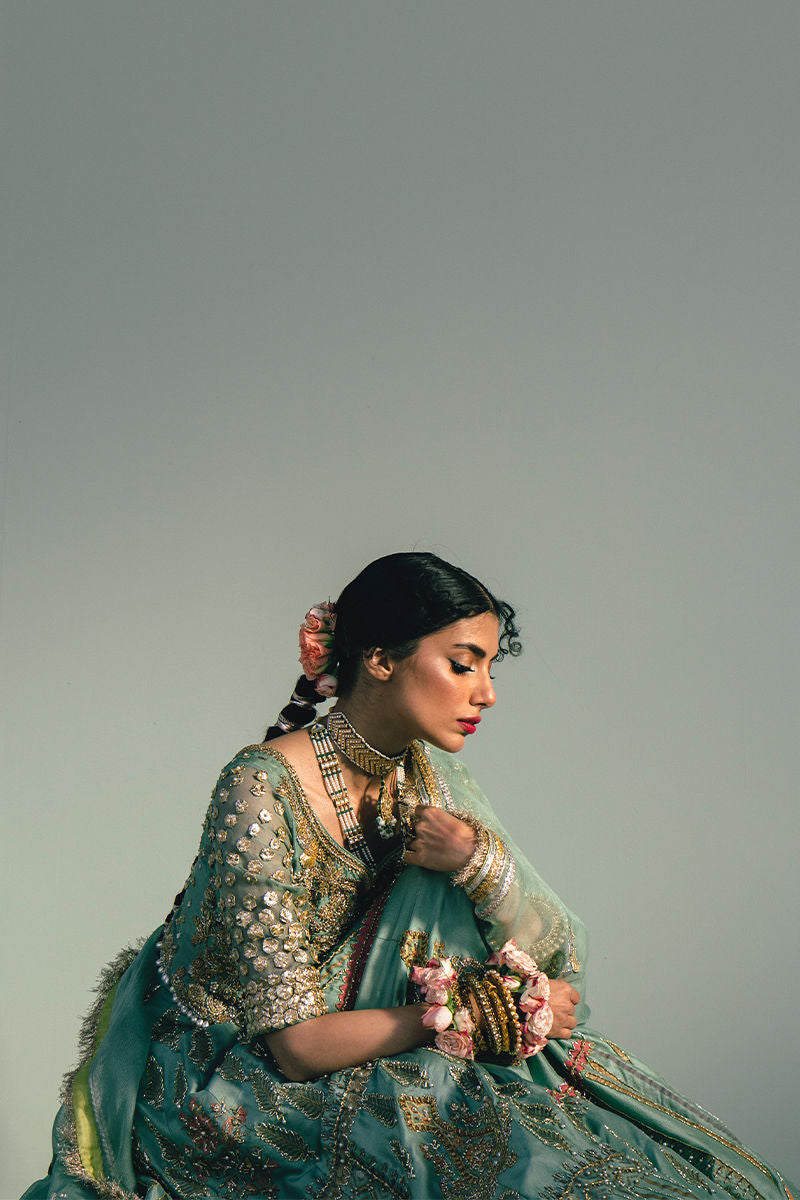 Pakistani Sea Green Block Printed Silk Lehenga (3-Piece) - Image 6
