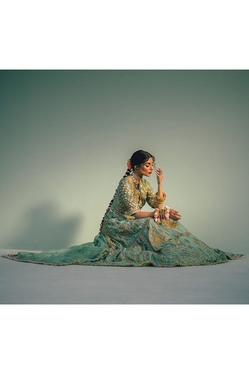 Pakistani Sea Green Block Printed Silk Lehenga (3-Piece) - Image 7