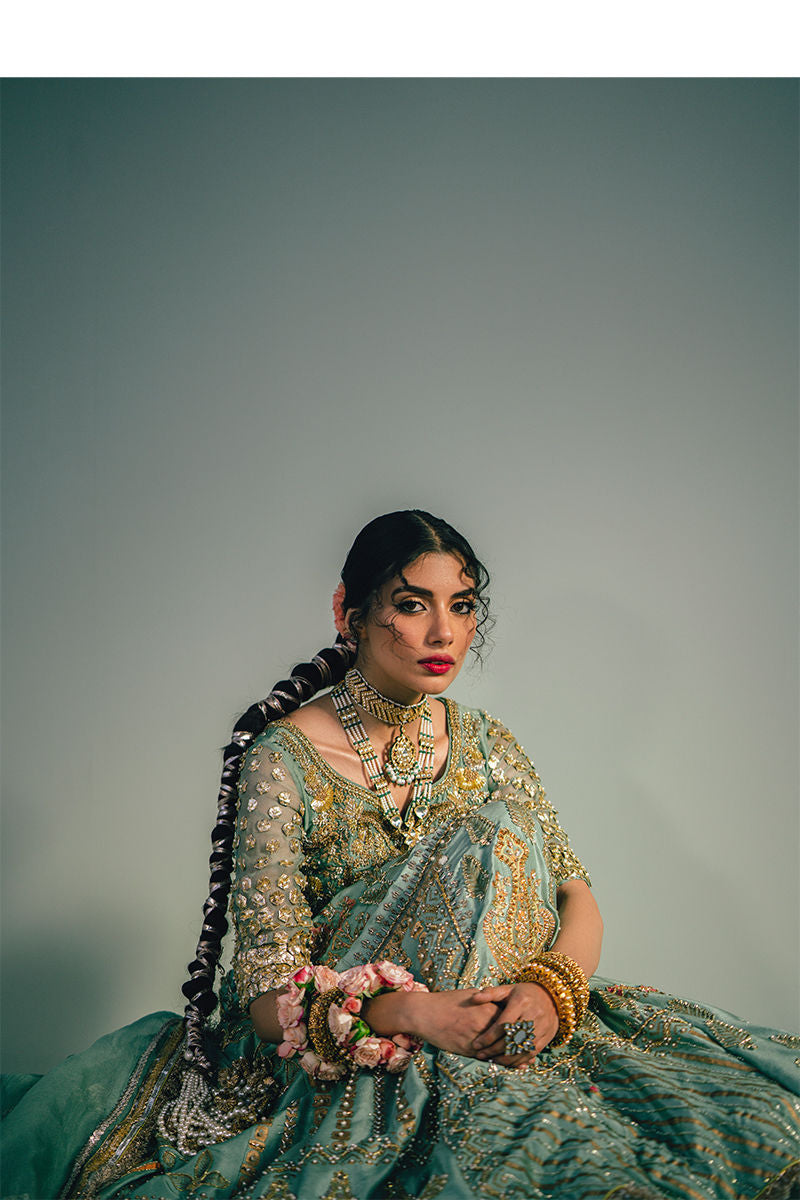 Pakistani Sea Green Block Printed Silk Lehenga (3-Piece) - Image 8