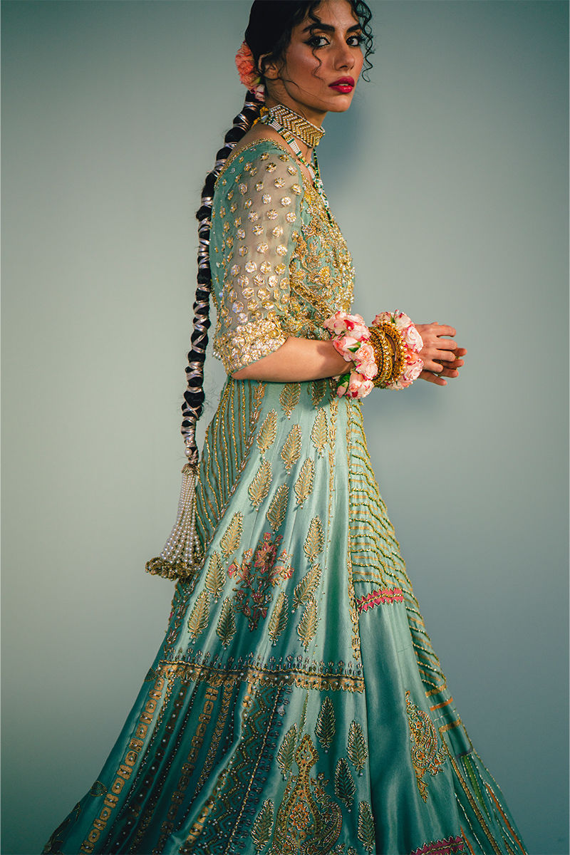 Pakistani Sea Green Block Printed Silk Lehenga (3-Piece) - Image 9
