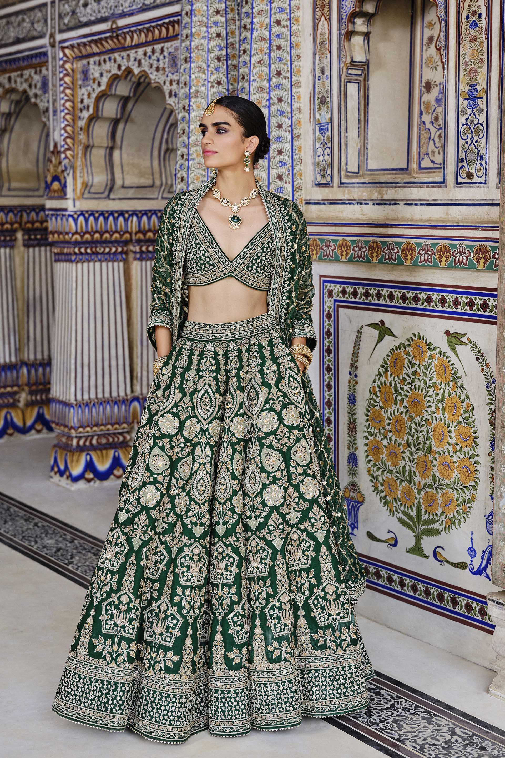Indian Green Zardozi Embroidered Silk Bridal Lehenga (3-Piece) - Image 1