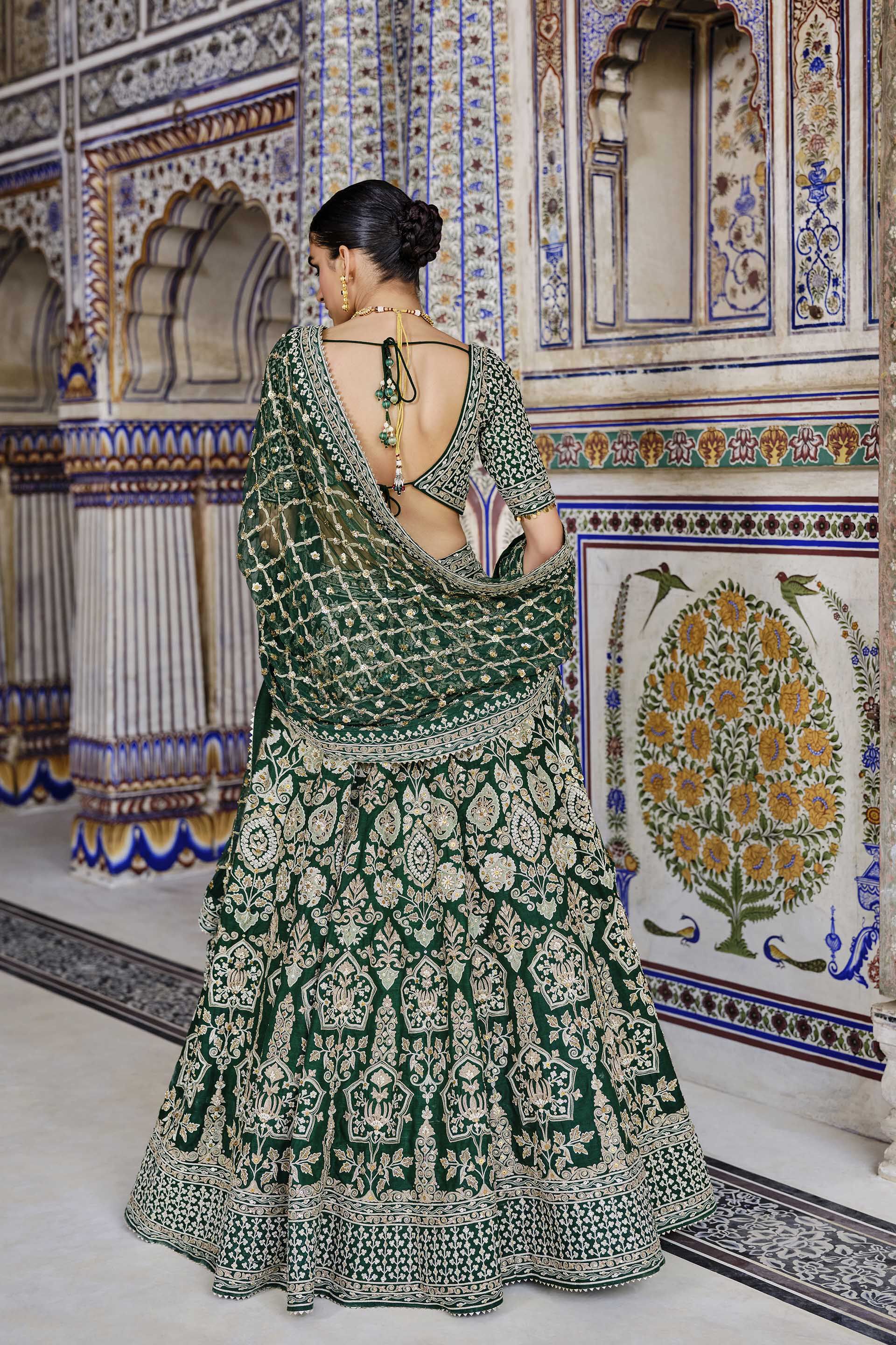 Indian Green Zardozi Embroidered Silk Bridal Lehenga (3-Piece) - Image 2