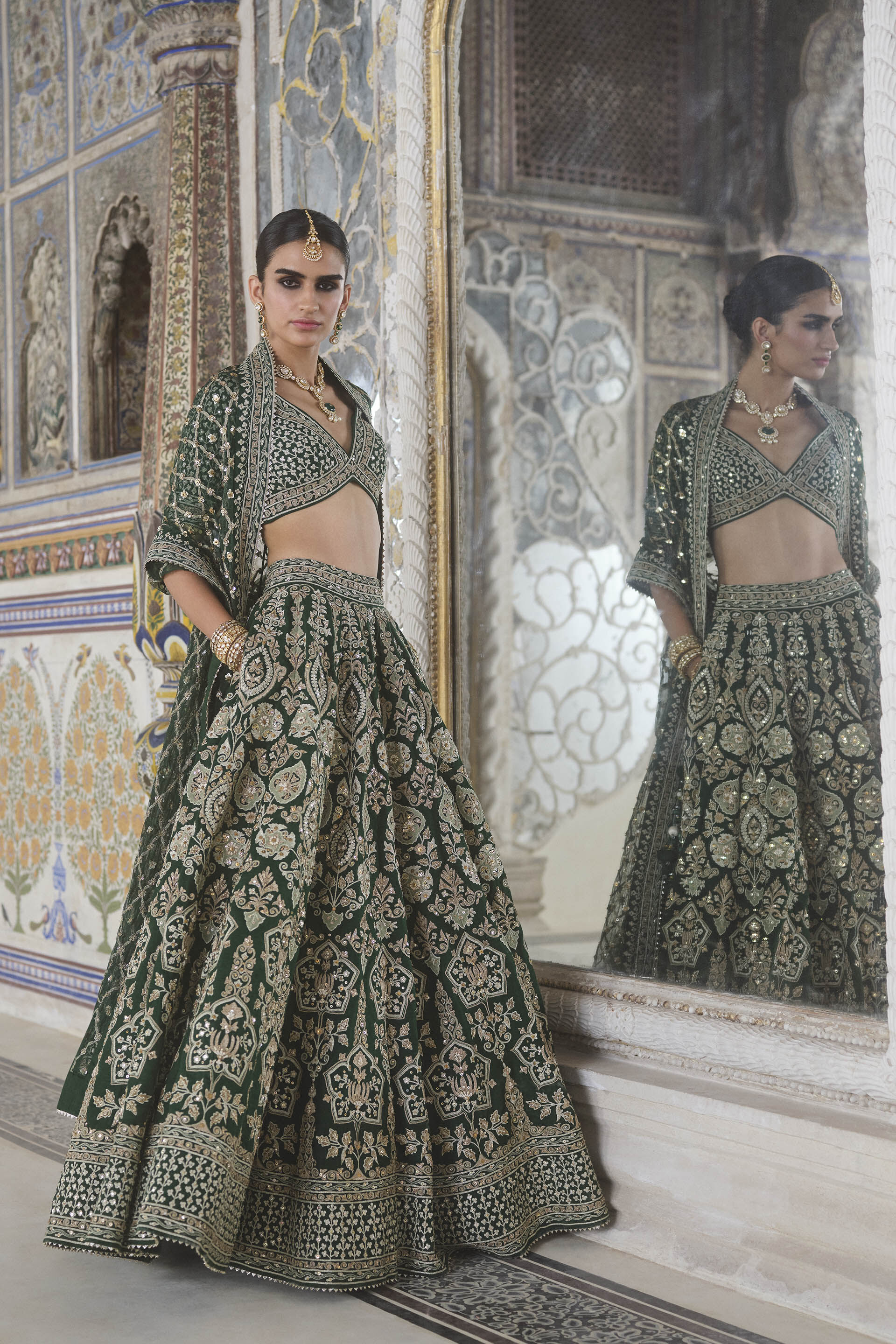 Indian Green Zardozi Embroidered Silk Bridal Lehenga (3-Piece) - Image 3