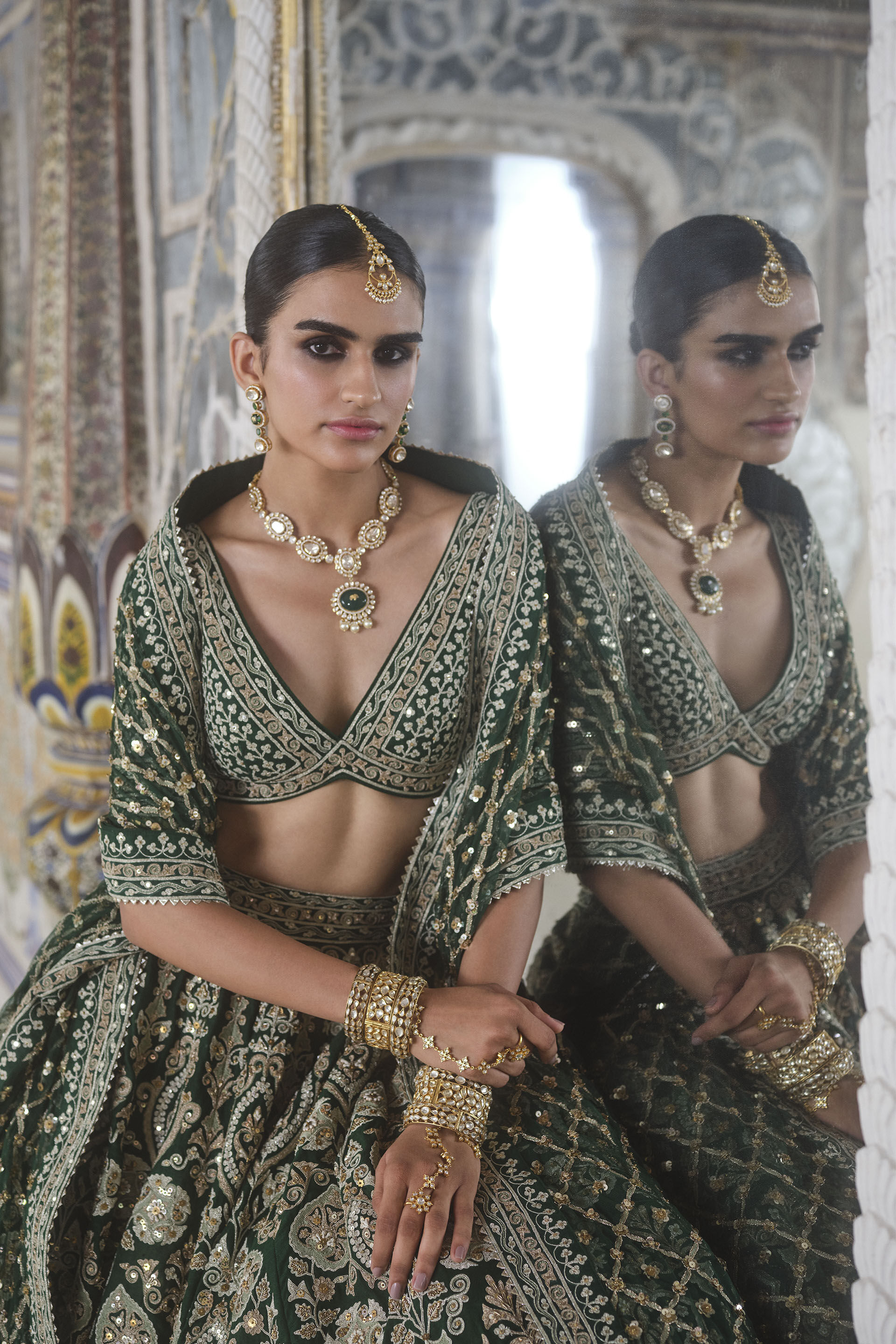 Indian Green Zardozi Embroidered Silk Bridal Lehenga (3-Piece) - Image 5