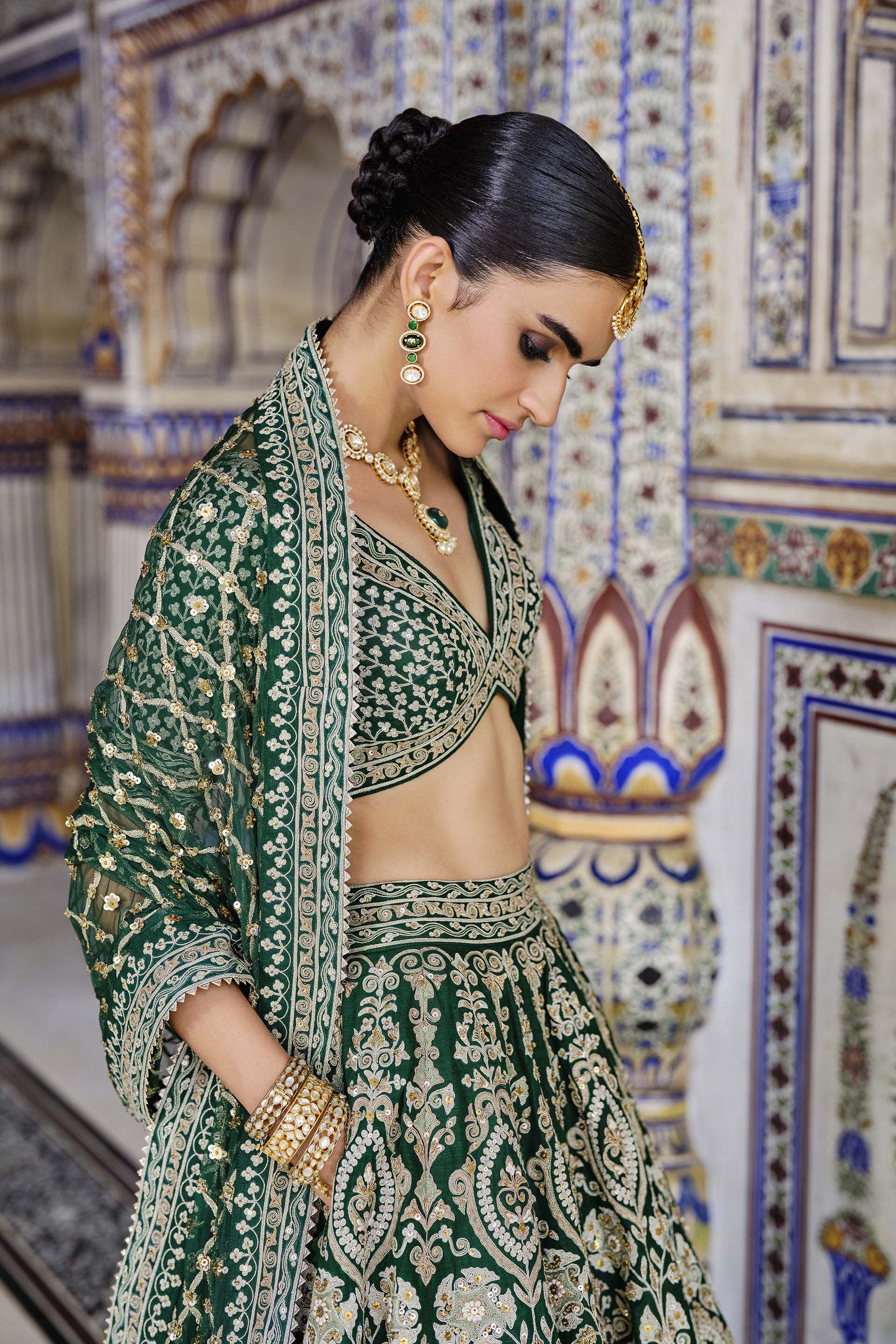Indian Green Zardozi Embroidered Silk Bridal Lehenga (3-Piece) - Image 6