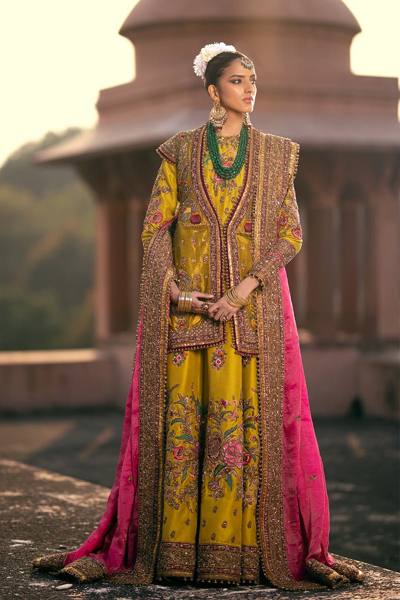 Pakistani Lime Green Zardozi Silk Lehenga Set (3-Piece) - Image 2