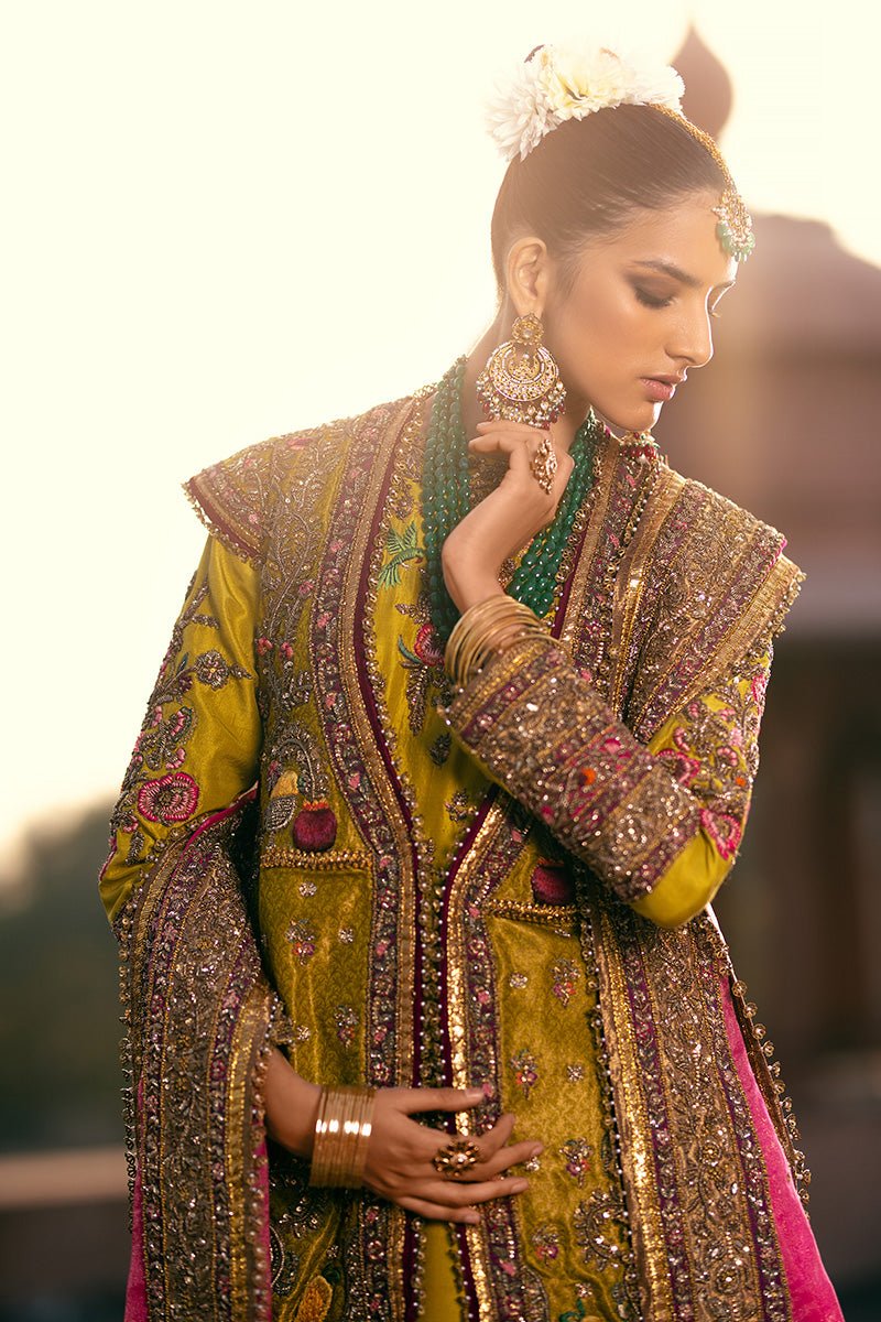Pakistani Lime Green Zardozi Silk Lehenga Set (3-Piece) - Image 3