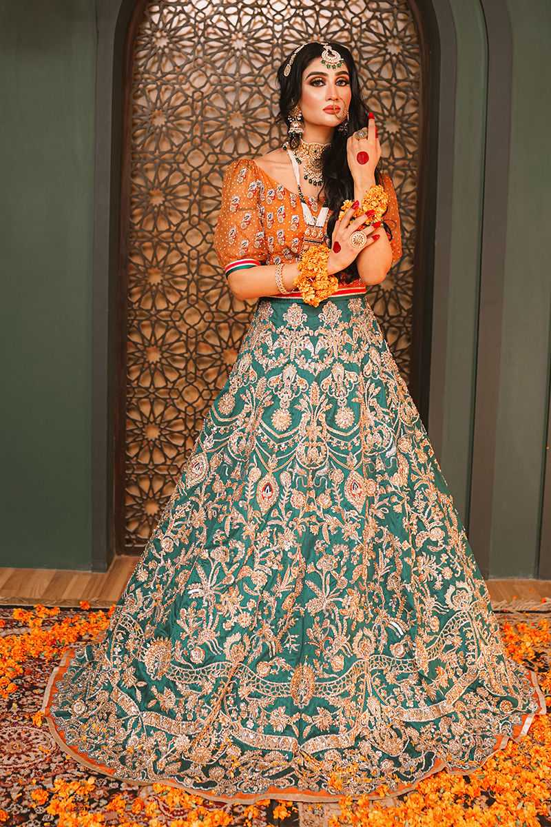 Emerald Green Embroidered Silk Bridal Lehenga (3-Piece) - Image 1