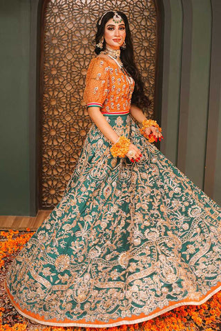 Emerald Green Embroidered Silk Bridal Lehenga (3-Piece) - Image 3