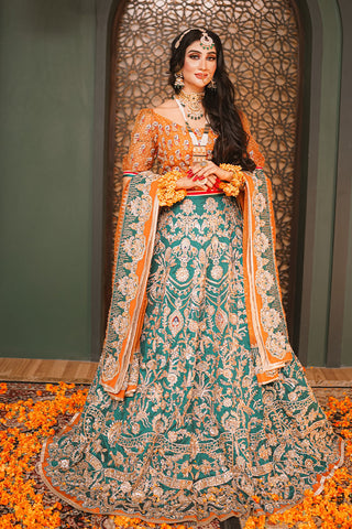 Emerald Green Embroidered Silk Bridal Lehenga (3-Piece) - Image 4