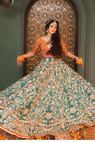 Emerald Green Embroidered Silk Bridal Lehenga (3-Piece) - Image 5