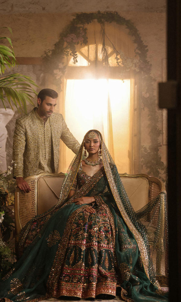 Pakistani Deep Bottle Green Zardozi Silk Bridal Lehenga (3-Piece) - Image 10