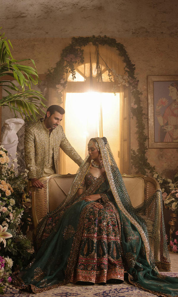 Pakistani Deep Bottle Green Zardozi Silk Bridal Lehenga (3-Piece) - Image 11