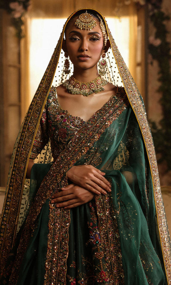 Pakistani Deep Bottle Green Zardozi Silk Bridal Lehenga (3-Piece) - Image 4