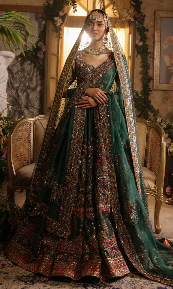 Pakistani Deep Bottle Green Zardozi Silk Bridal Lehenga (3-Piece) - Image 5