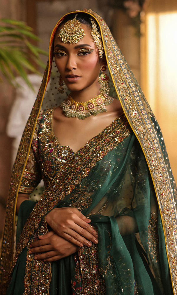 Pakistani Deep Bottle Green Zardozi Silk Bridal Lehenga (3-Piece) - Image 7