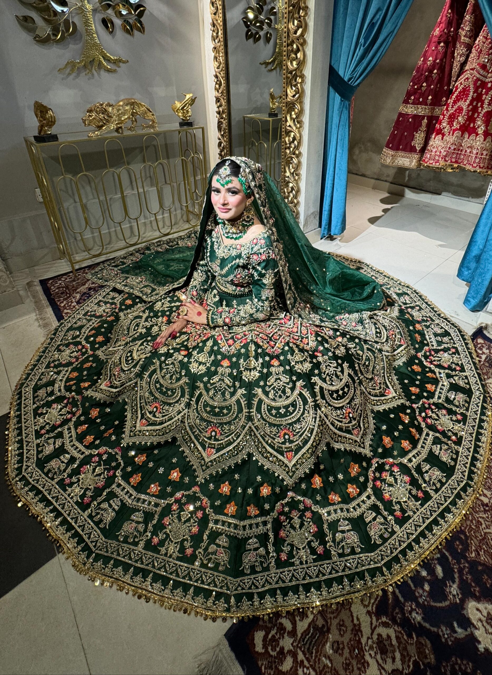 Pakistani Deep Emerald Embellished Silk Bridal Choli Lehenga (3-Piece) - Image 1