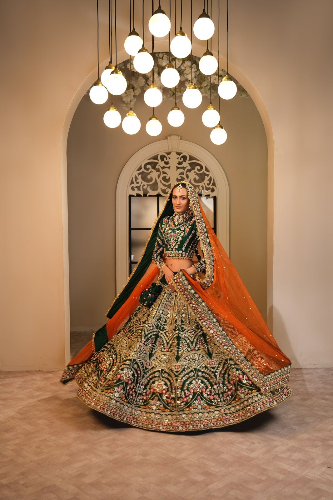 Pakistani Bottle Green Embellished Silk Lehenga Choli (3-Piece) - Image 1