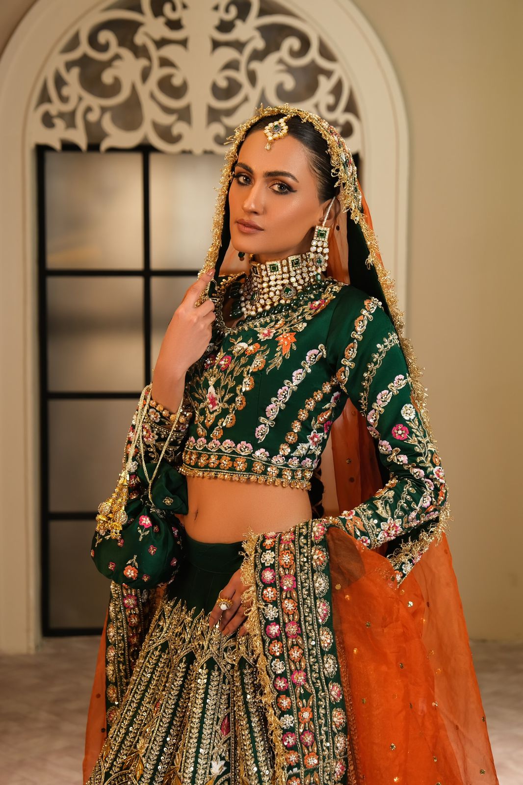 Pakistani Bottle Green Embellished Silk Lehenga Choli (3-Piece) - Image 2