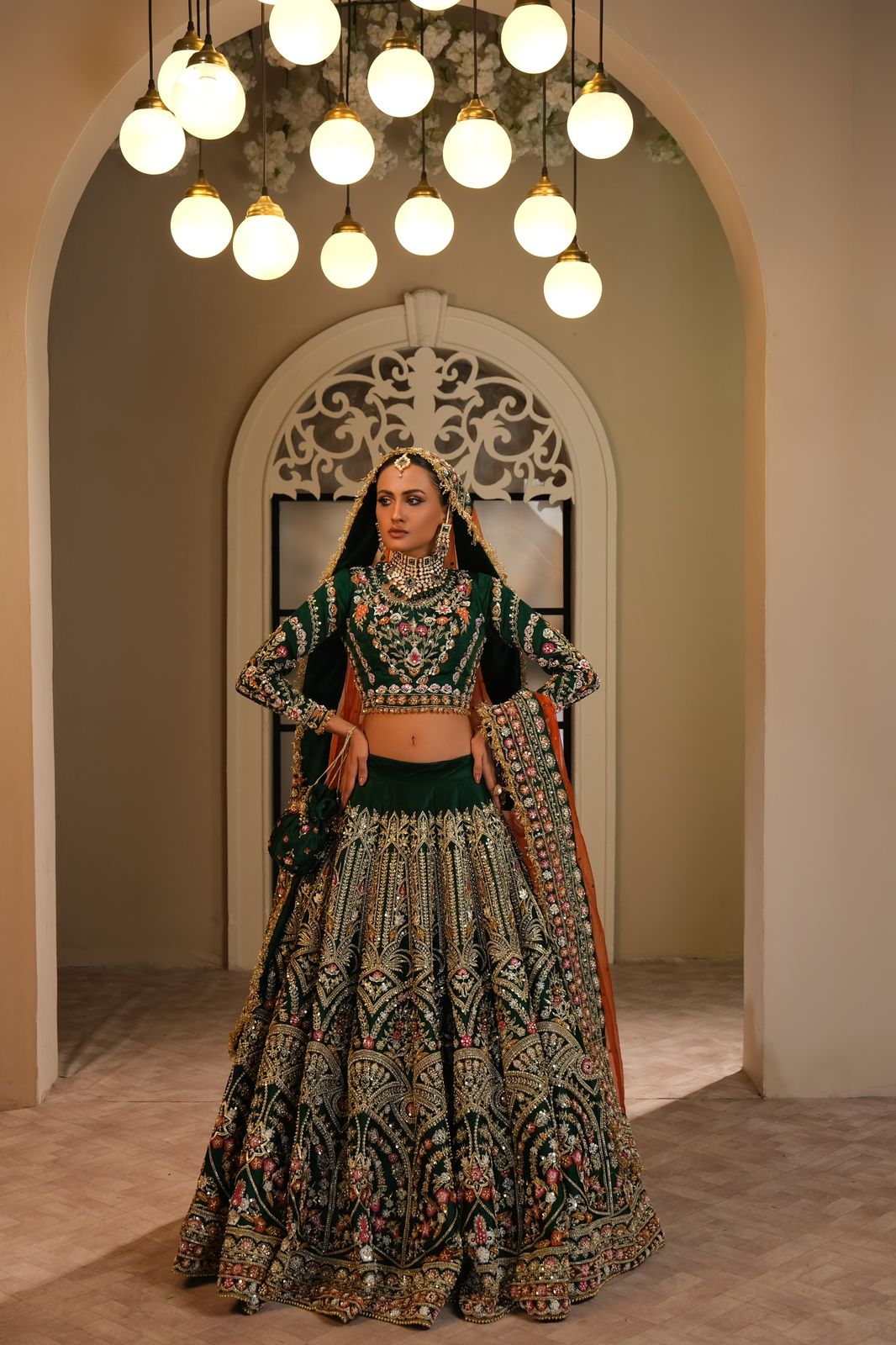 Pakistani Bottle Green Embellished Silk Lehenga Choli (3-Piece) - Image 3