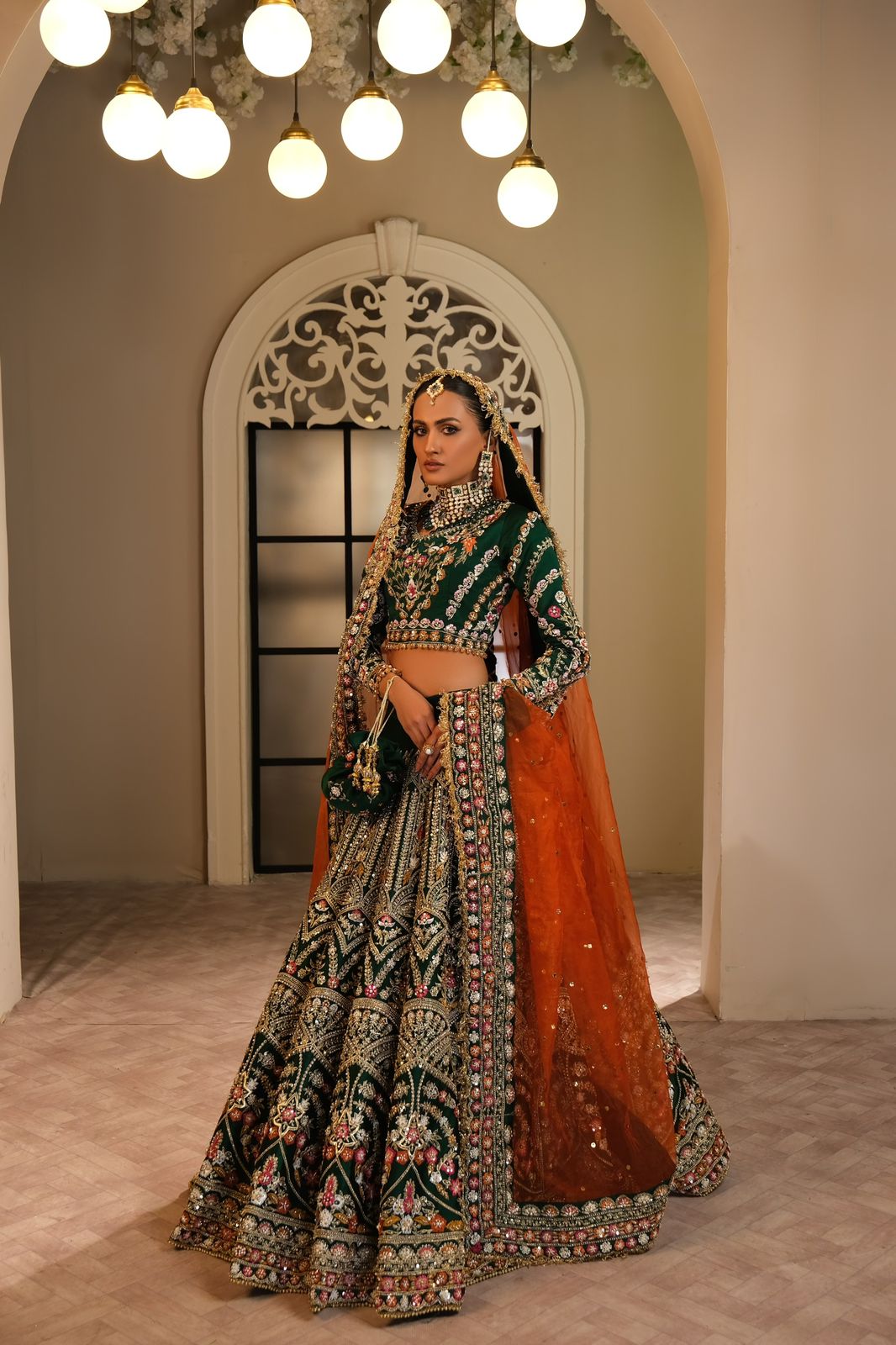 Pakistani Bottle Green Embellished Silk Lehenga Choli (3-Piece) - Image 4