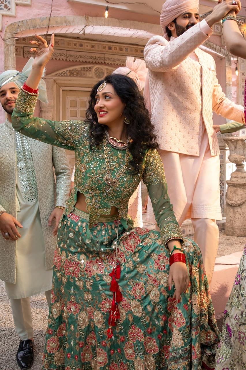 Pakistani Emerald Green Zari Mirrorwork Silk Bridal Lehenga (2-Piece) - Image 1