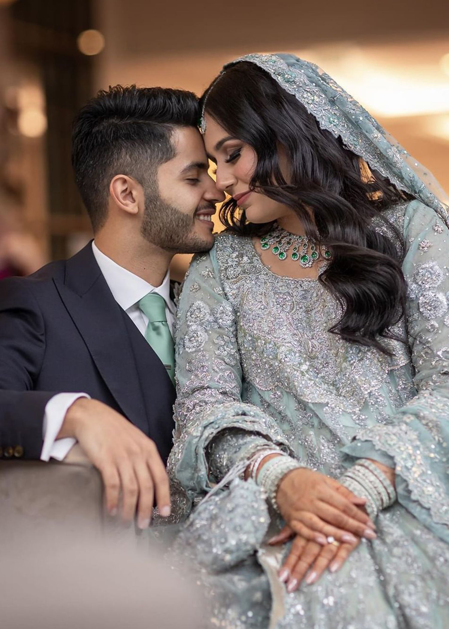 Pistachio Green Embellished Silk Bridal Lehenga (3-Piece) - Image 1