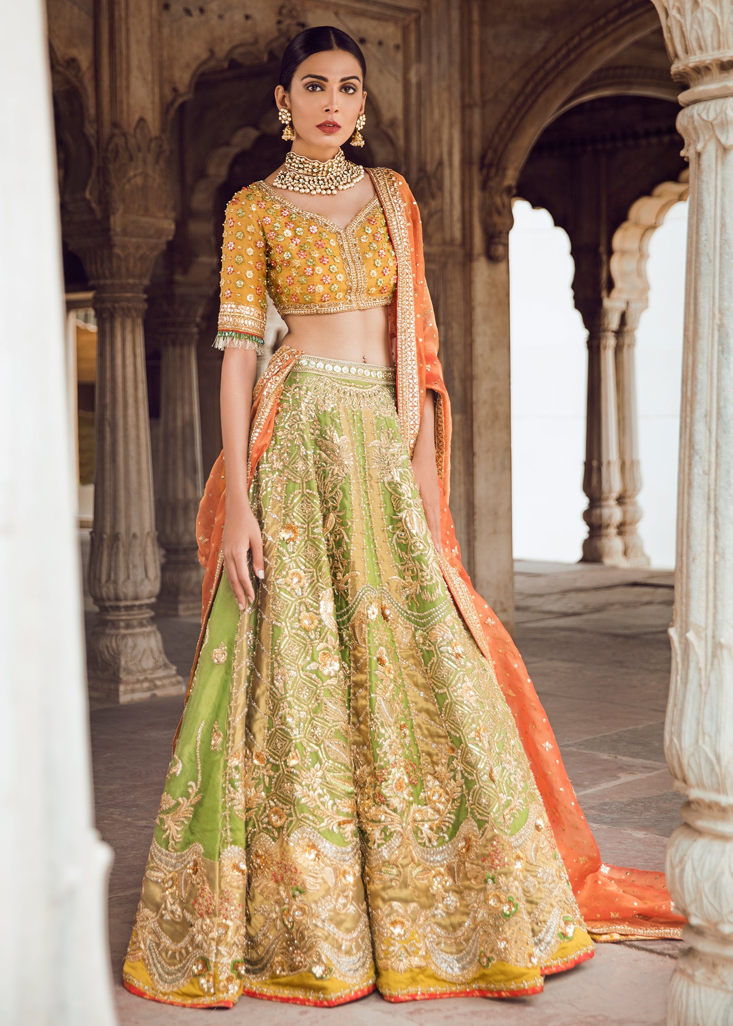 Mustard Green Orange Embroidered Silk Bridal Lehenga (3-Piece) - Image 1
