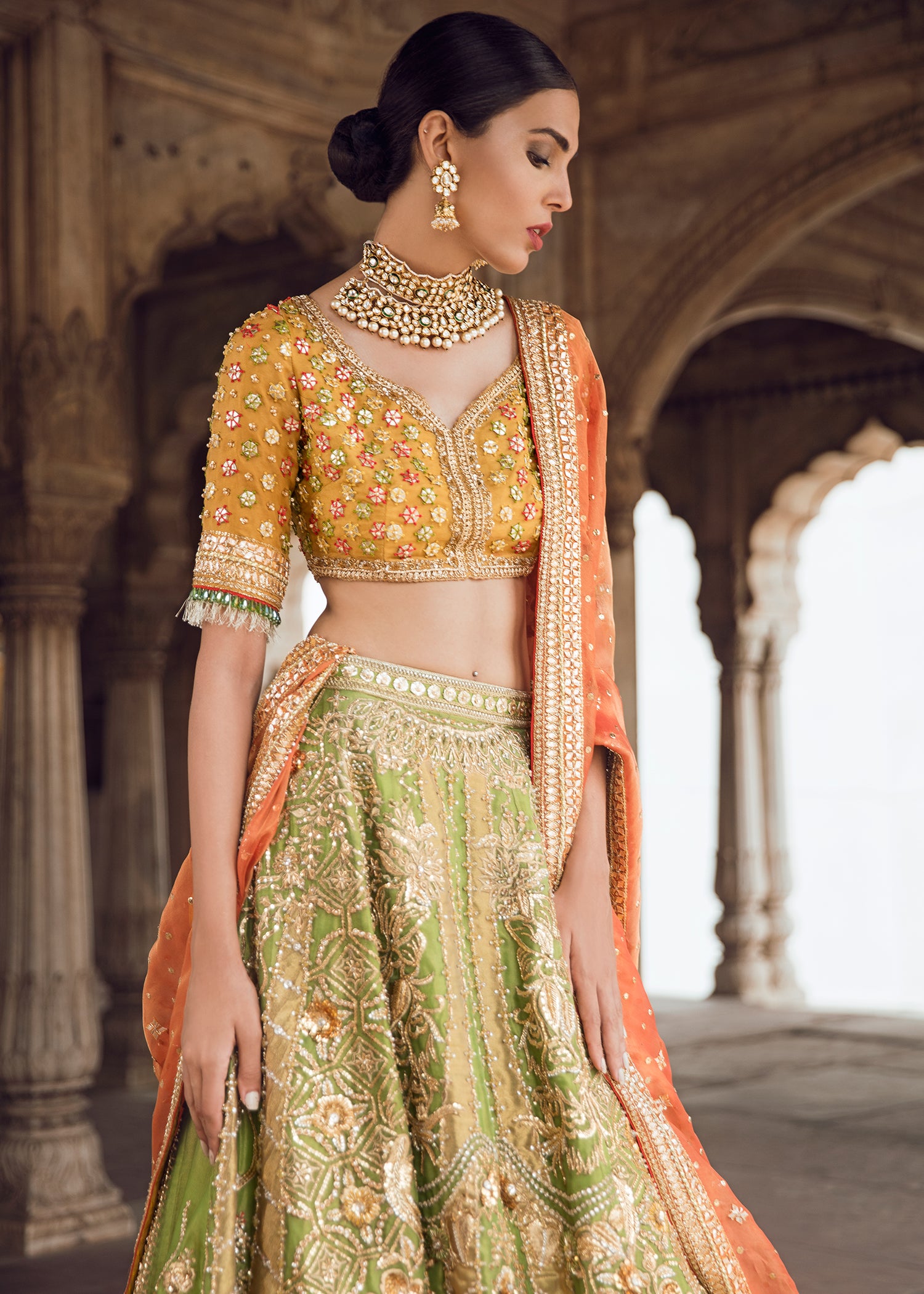 Mustard Green Orange Embroidered Silk Bridal Lehenga (3-Piece) - Image 3